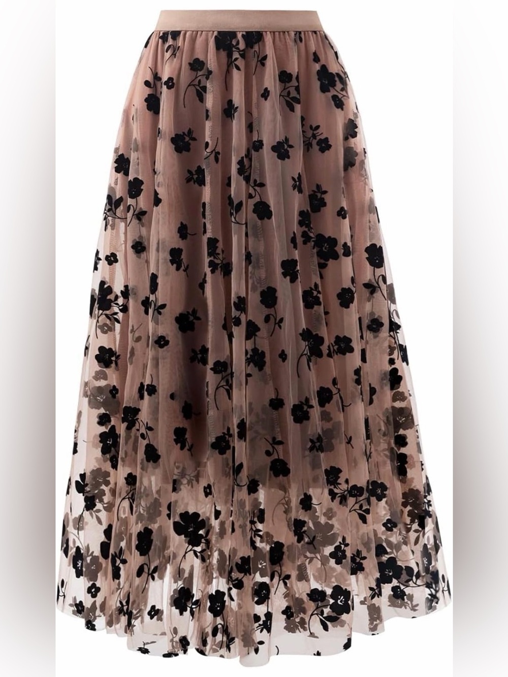Reaowazo Women’s Beige Tulle Maxi Skirt w/Black Flocked Velvet Floral Pattern